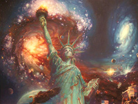 This painting depicts scenes of our founding fathers, the statue of liberty and more